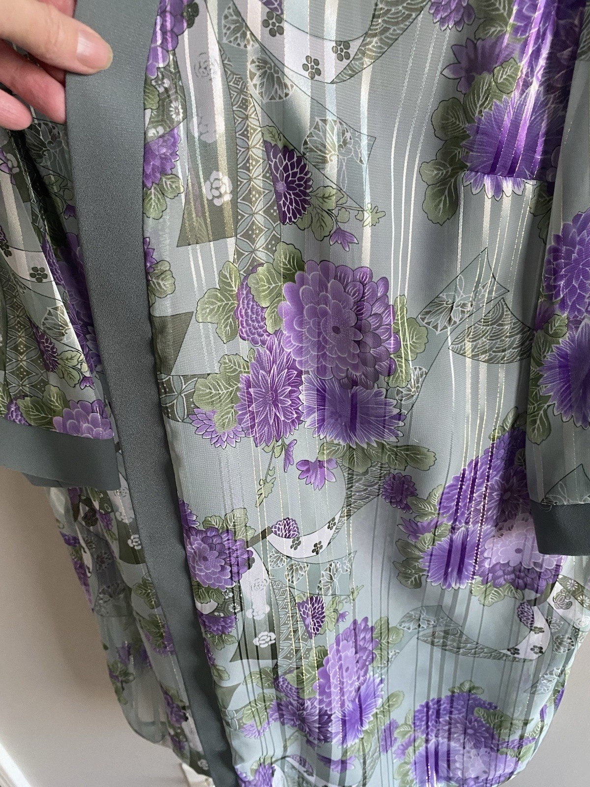 Vtg Anna Maxwell Womens Robe 24W Sage Purple Floral Semi-shear Duster Kimono