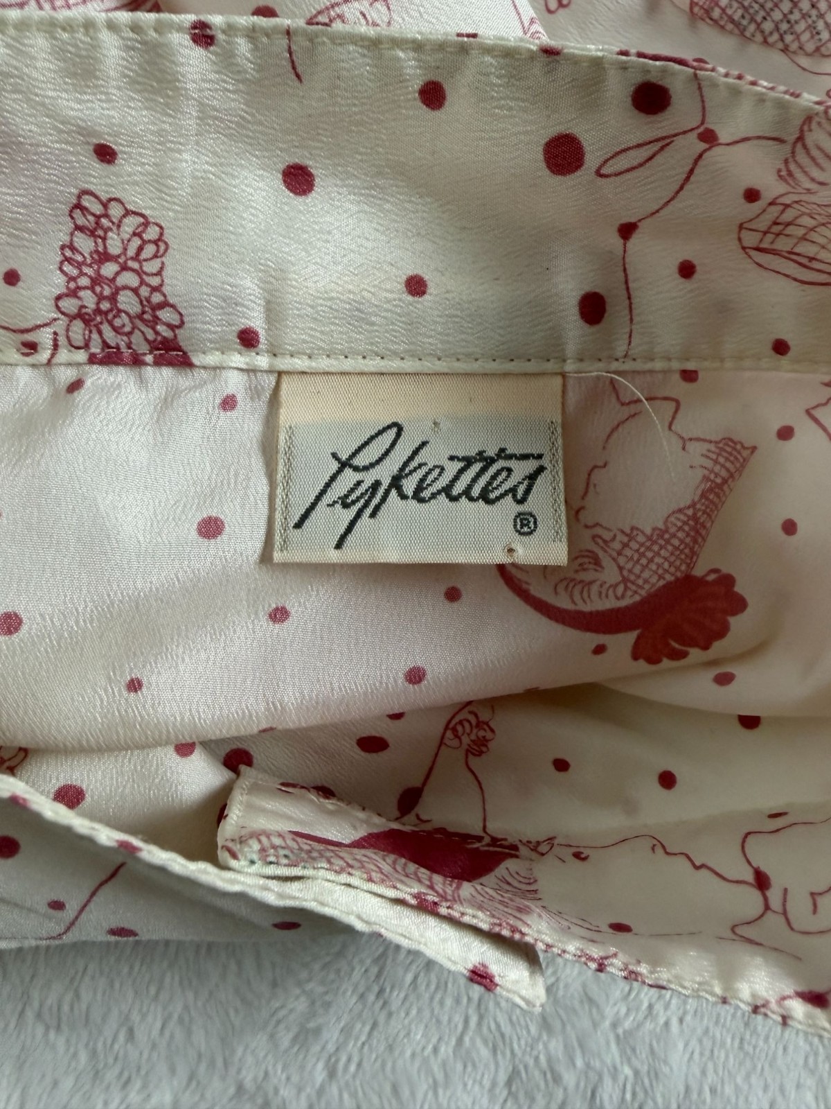 Vintage Pykettes Cream Pink Novelty Bird Polka Dot Print Blouse Button Up Boho