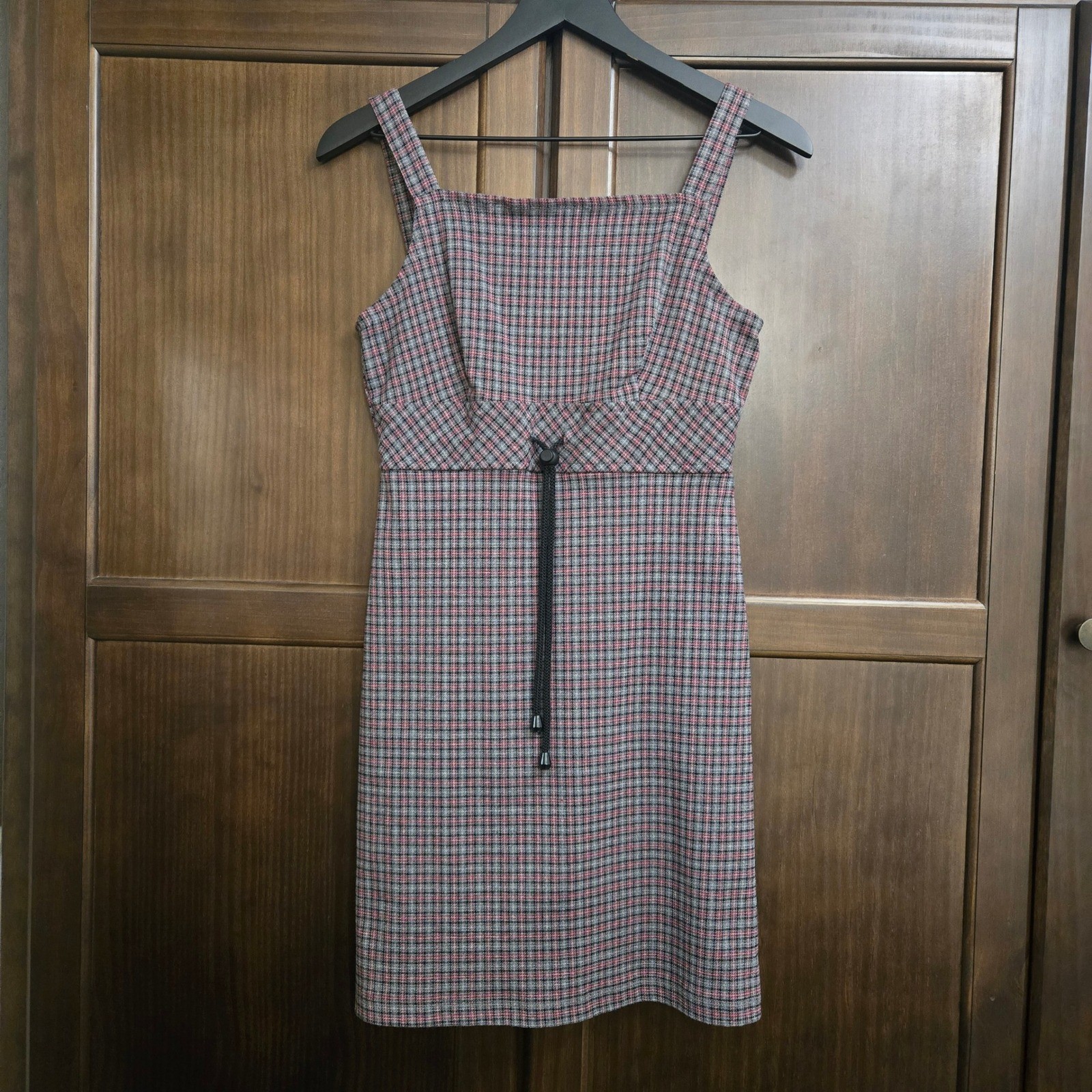 Vintage Rampage Plaid Mini Dress Red Grey Square Neck Toggle Waist 90s Womens 7