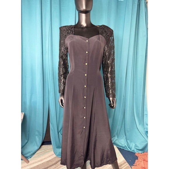Vintage Jody California Black Lace Sleeve Maxi Dress Pearl Button Corset Back 13