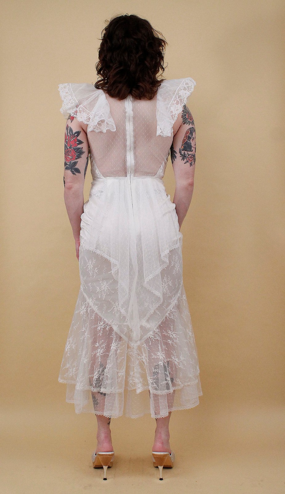 80s Vtg CLIMAX Karen Okada White Lace Angel Sleeve Dress Sheer Mesh Glam Mermaid