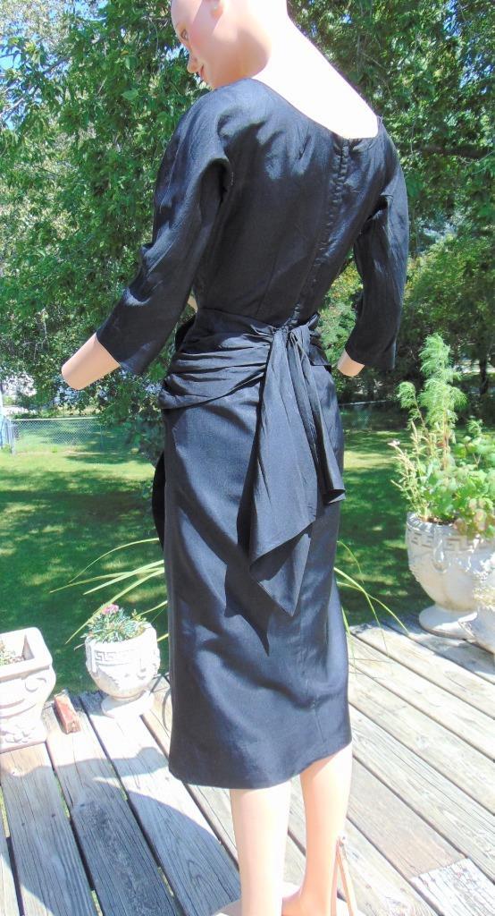 VTG 50s Jackson Graves / Hannah Troy Black Silk Dress Side Drape 26W Back Tail