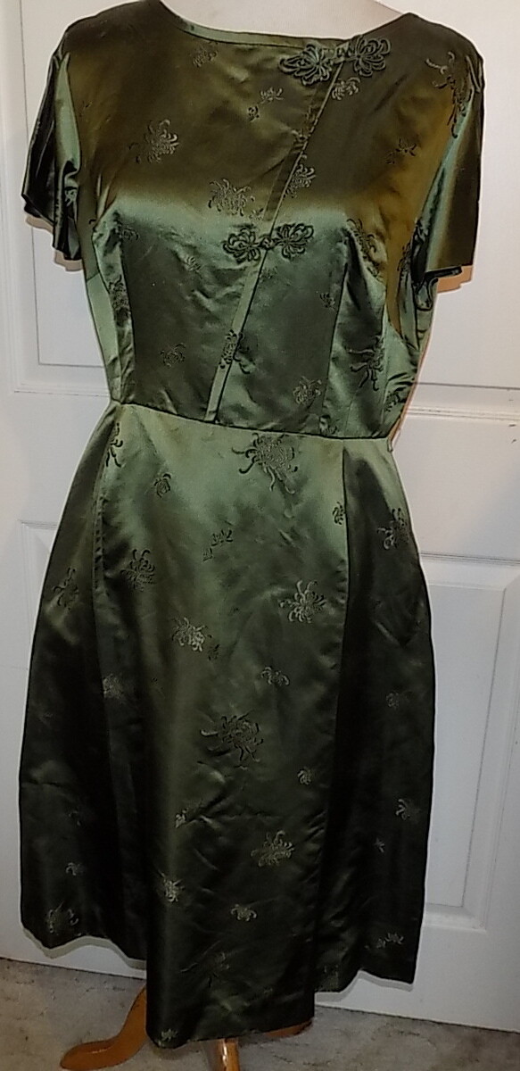 Vintage 60s Olive Green Satin Brocade Dress Jacket Set Hong Kong B40 ***