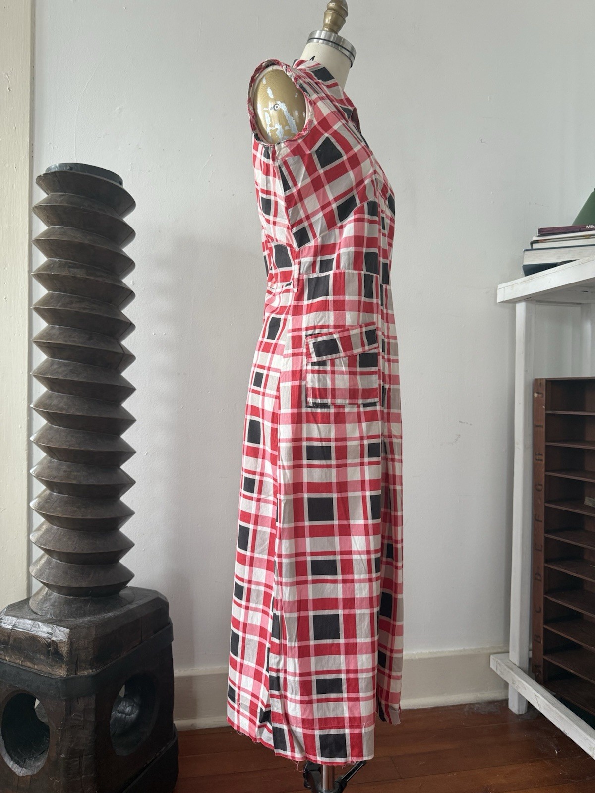 30s Glazed Cotton Plaid Pointed Collar 1/4 Zip Halter Dress Midi Sportswear S/M
