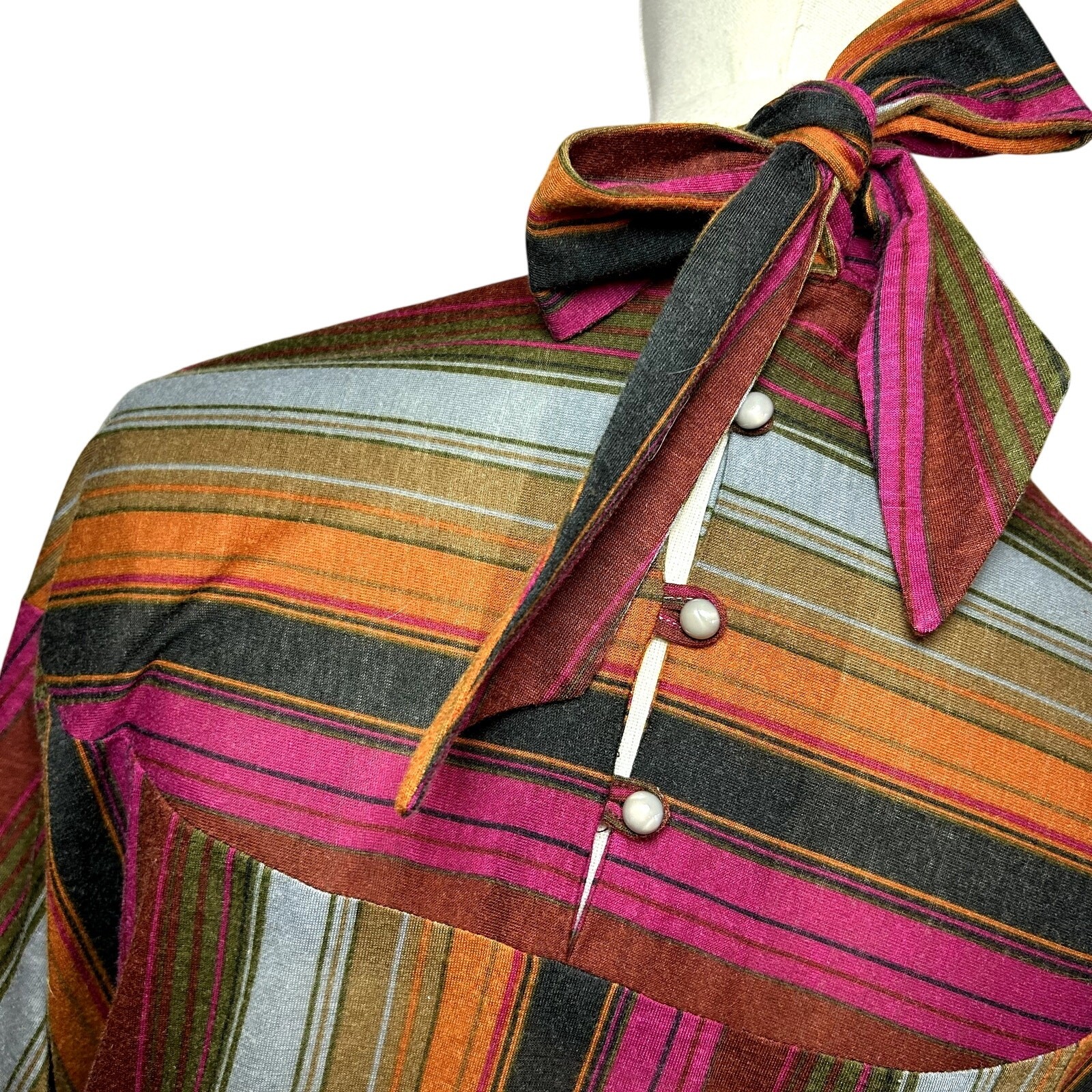 VTG 70s Knit Turtleneck Midi Dress L Pussy Bow Multicolor Bespoke Retro Twee