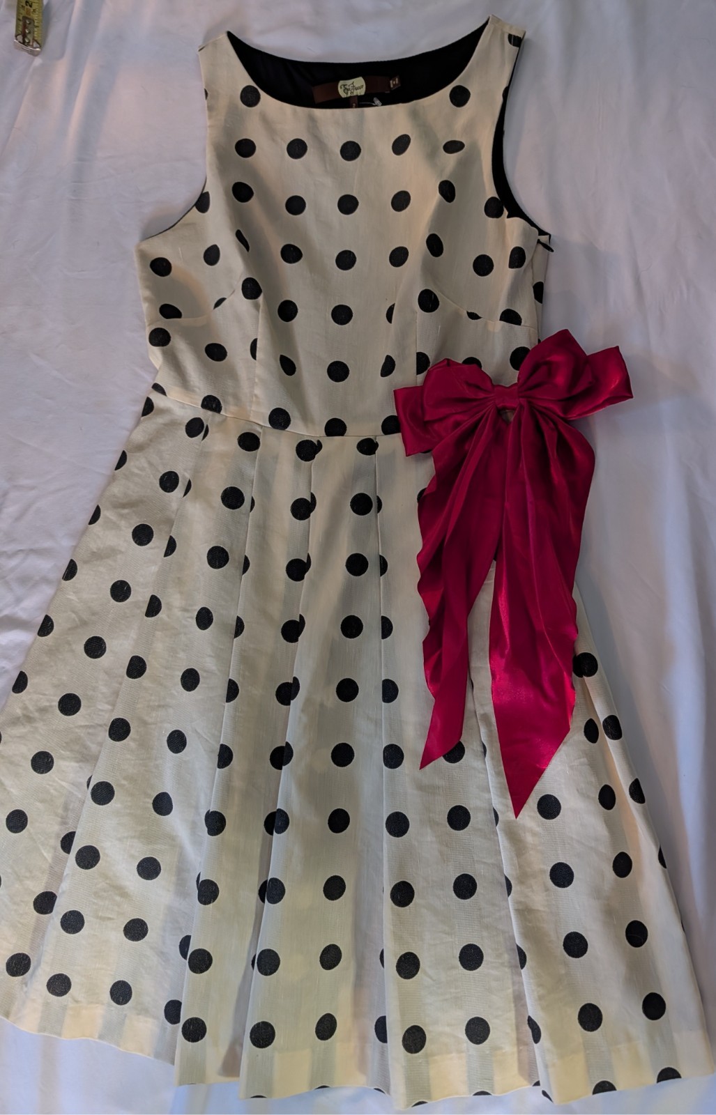 Anthropologie Eva Franco Dress Sz 2 Polka Dot VTG Lined A Line Pleats Red Bow