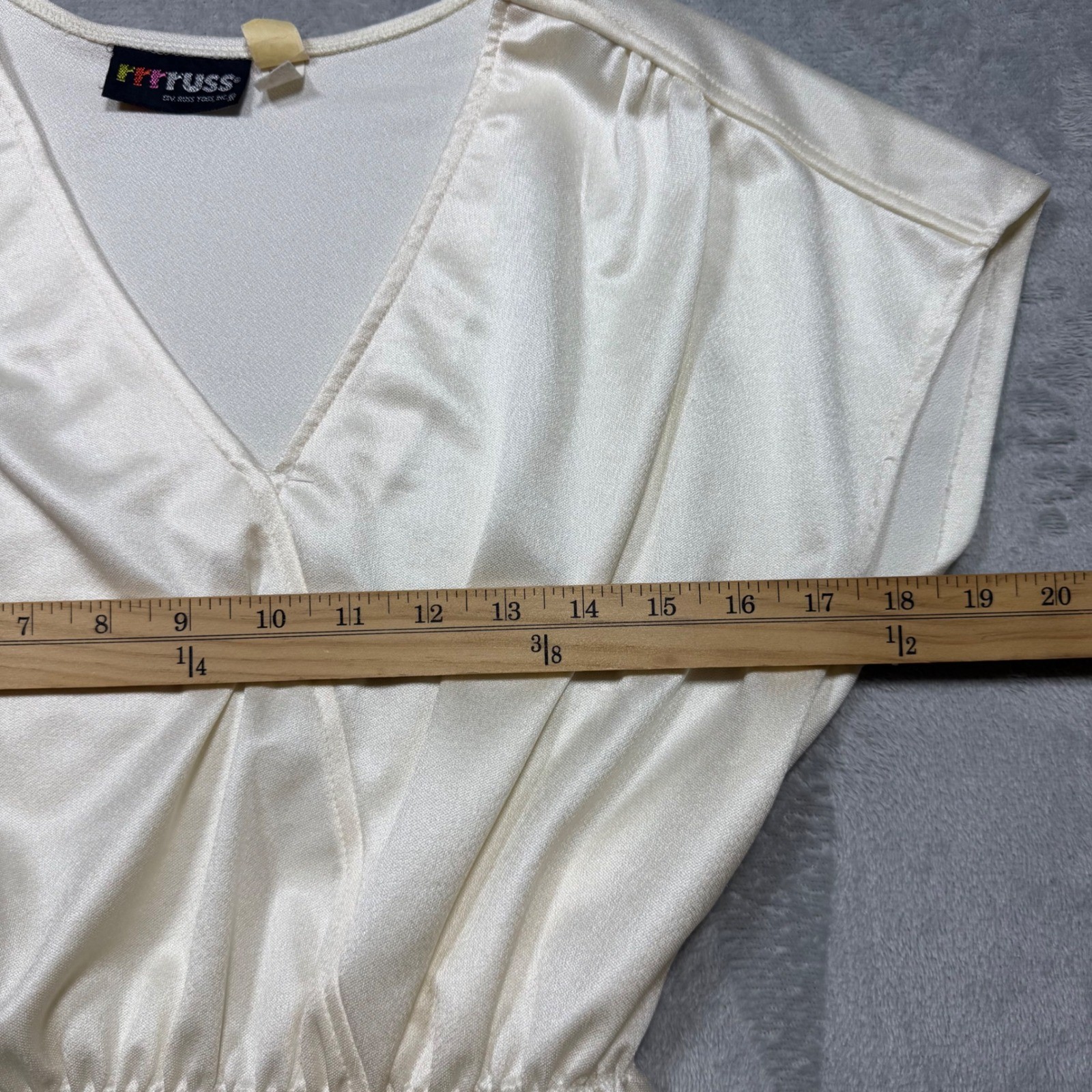 Vintage 80s Off White Synthetic Satin Peplum Blouse Surplice V-Neck Top Size S