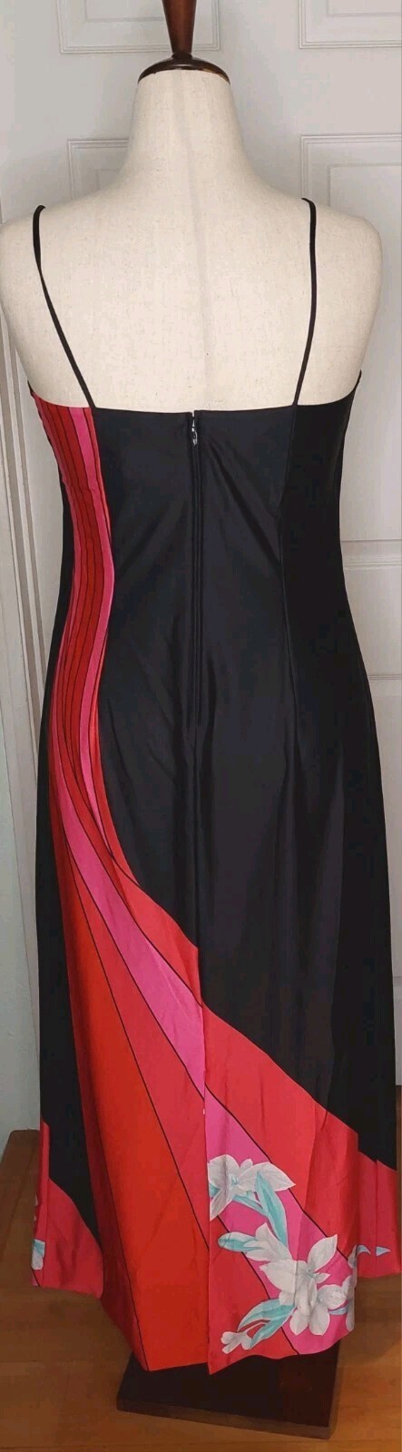 VTG 70’s Malama Sophisticates Hawaii Maxi Spaghetti Strap Dress Sz 14 Black/Red