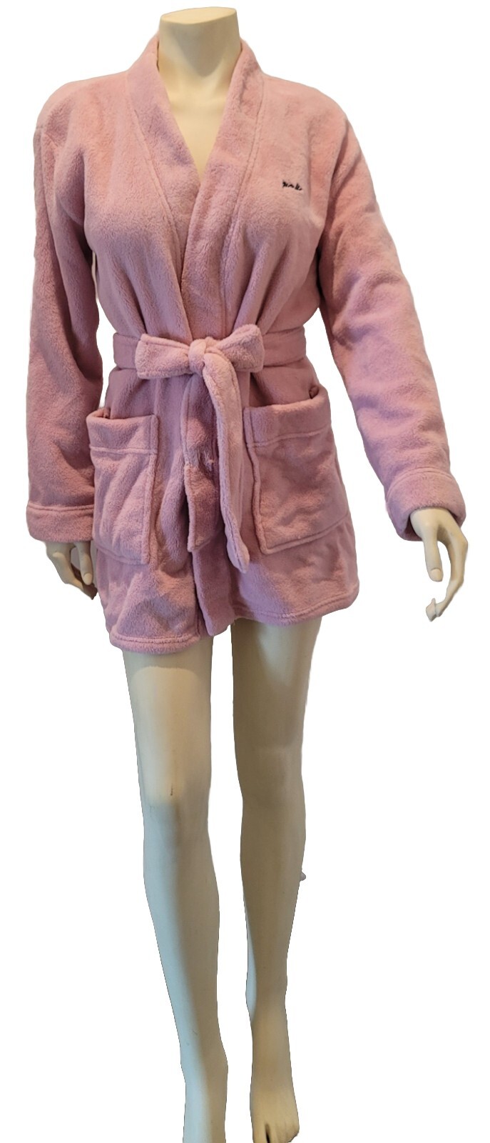 Victorias Secret PINK Plush Logo Wrap Short Soft Cozy Plush Robe Light Pink XS/S