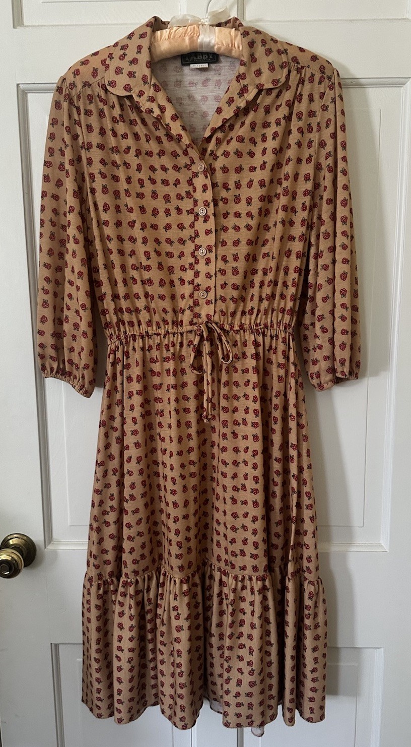 Vtg 70s 80s Tabby Of California Rose Floral Knit Midi Dress 3/4 Sleeve 12 M
