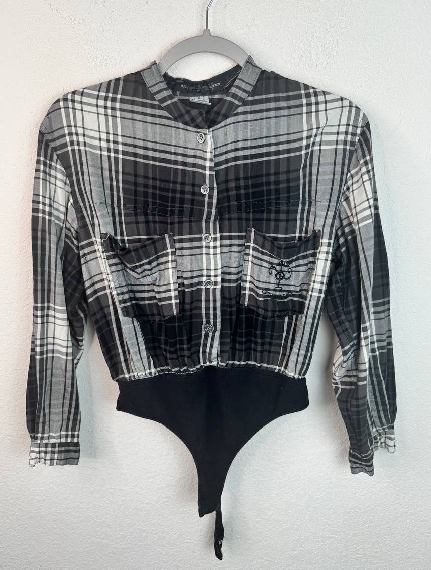 Marithe Francois Girbaud Bodysuit Top S Gray Plaid Button Front Y2K Grunge Vtg