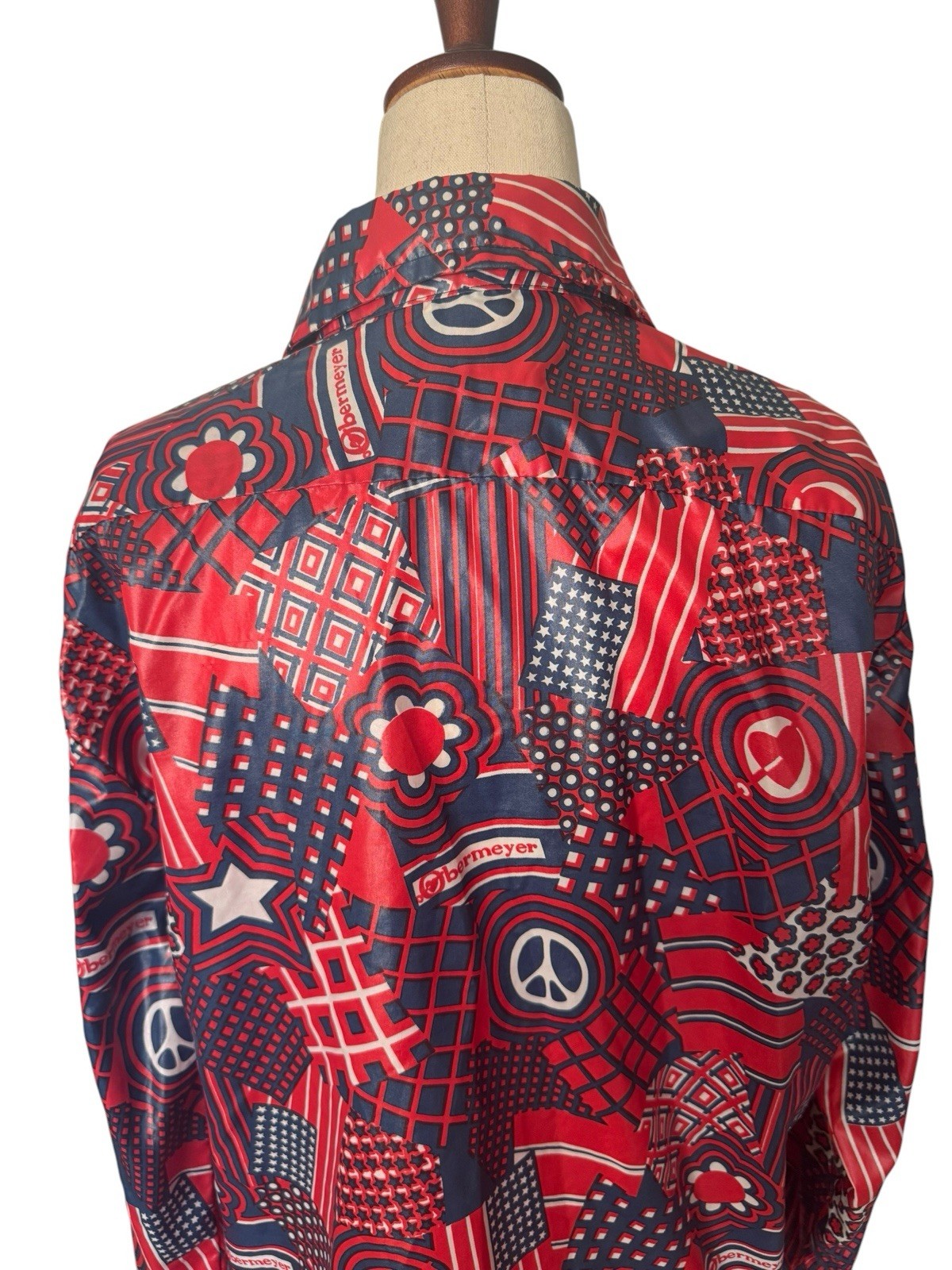 Vintage 70s Obermeyer Wind Shirt Top Red Navy Graphic Novelty Print Peace Flag