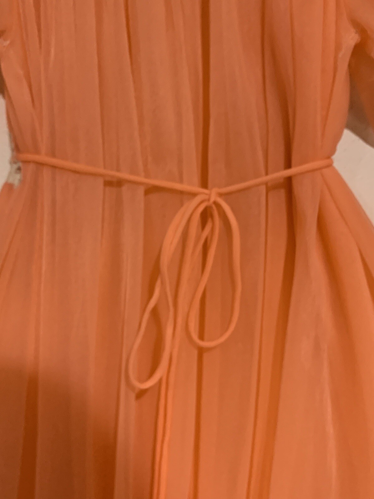 VTG S M Nightgown Orange Double Chiffon Nylon Lace Trim Tie Back Ro-Vel Calif