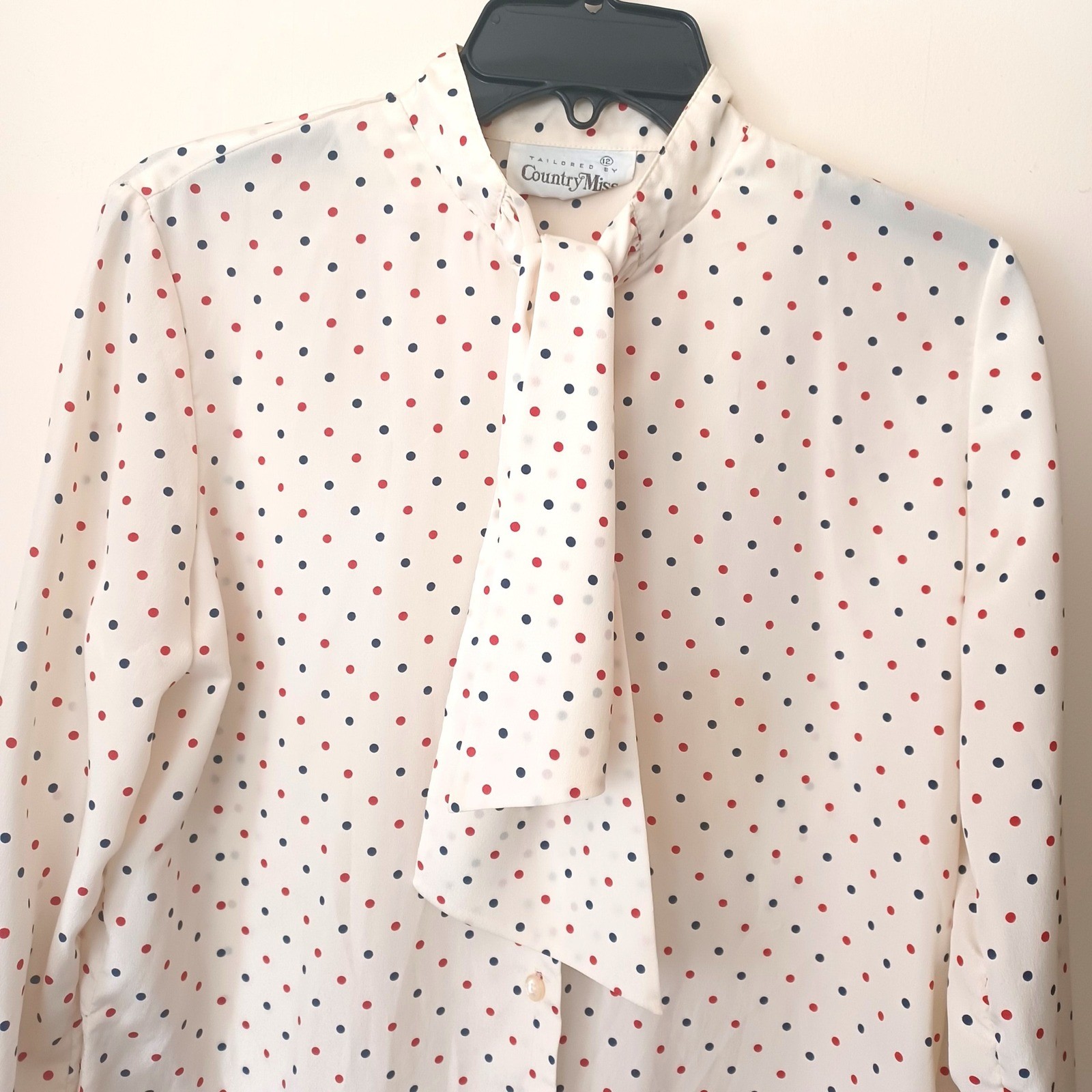 Country Miss Shirt Dress Women 12 Cream Polka Dot Tie Neck Vintage 70s Secretary