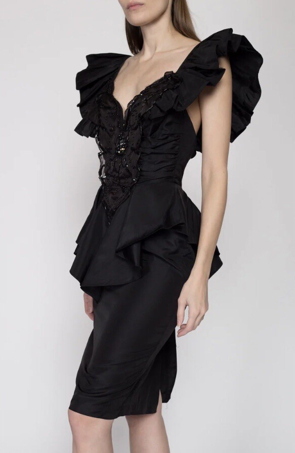 Vintage 80’s Climax Karen Okada Ruffled Peplum Bodice, knee Length Dress. Sz 5/6
