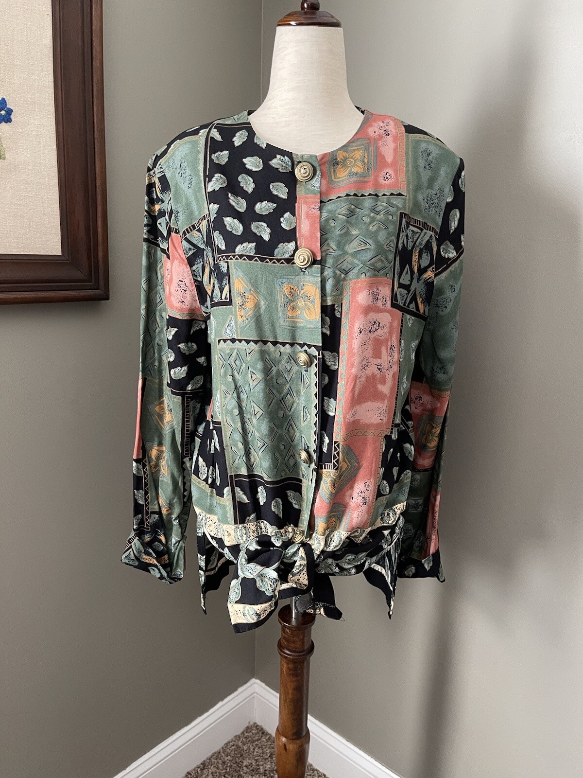 Vintage 80s 90s Shoulder Pad Patchwork Style Button Up Top Gold Spiral Buttons