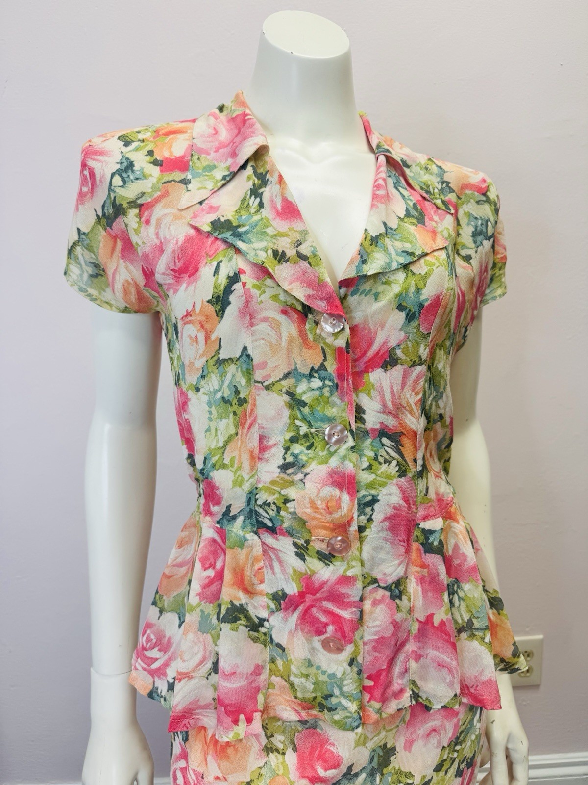 VTG Multicolor floral peplum Skirt & Top Set Nanny wedding designer alexander M