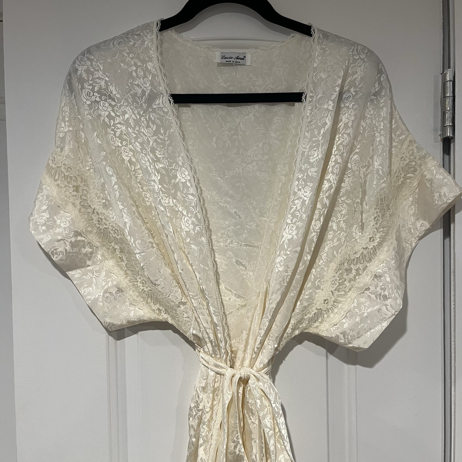 VTG LUCIE ANN Lace Trim Night Robe Large Belted Lingerie