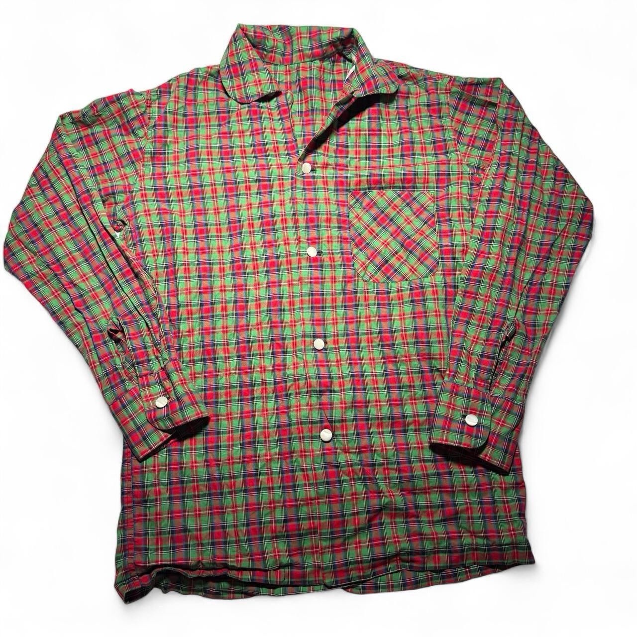 True Vintage 70s 60s Pearl Button Red Green Plaid Button-up Loop Collar Shirt M