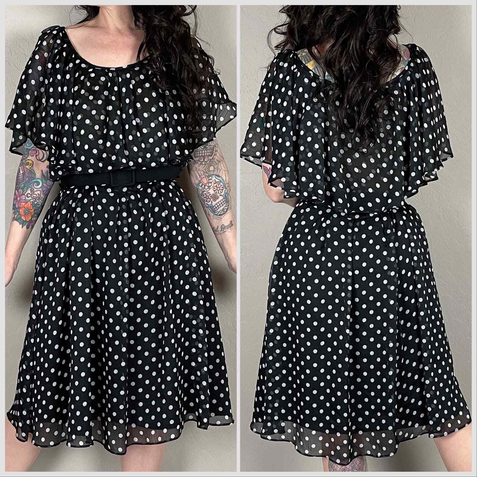Vintage 1990s Black and White Polka Dot Chiffon Dress – 36″ Waist
