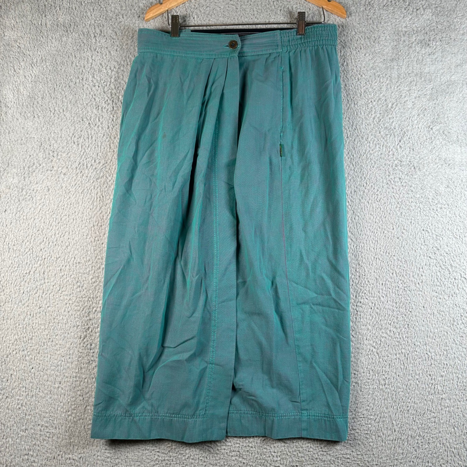 Vtg 80s Gene Ewing BIS Teal Green Wrinkled Rich Denim Midi Skirt L Boho Art Wear