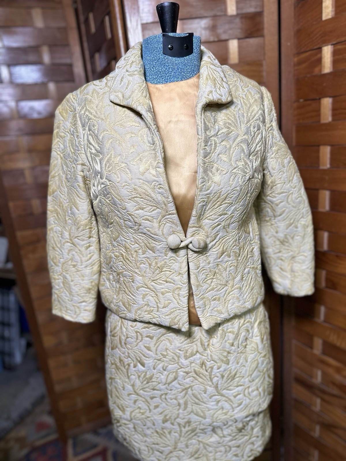 Vintage Womens Brocade 3-Piece Skirt Suit Size XS/S Gold Jacquard