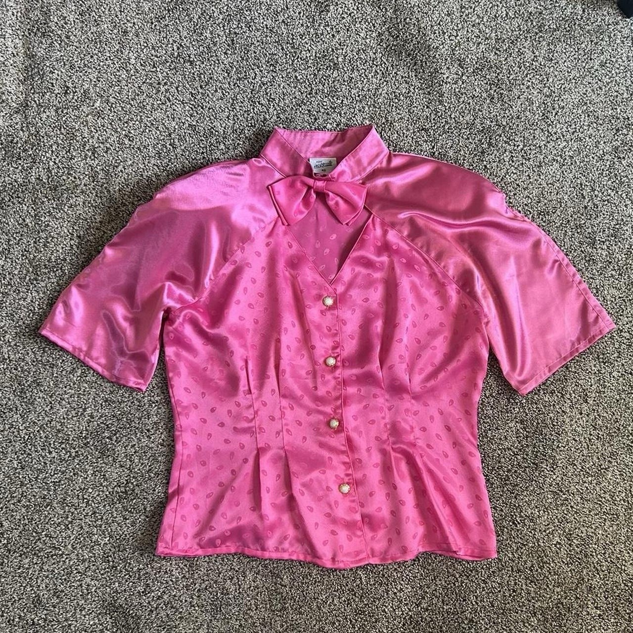 Vintage 80s Incognito Brand Pink Satin Polka dot Blouse With Neck Bow Size 40
