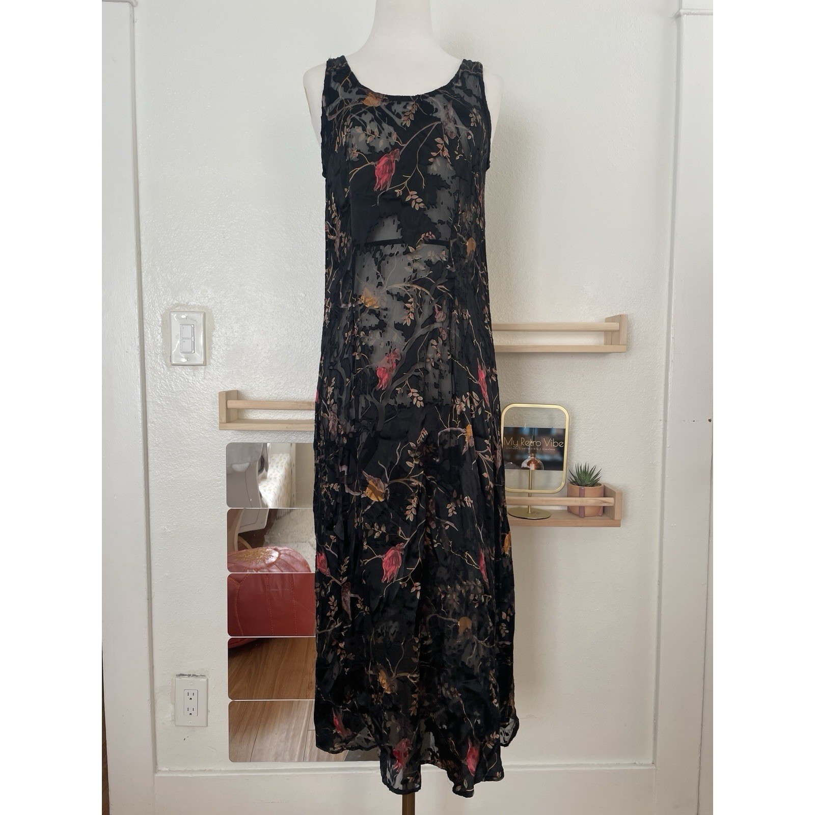 Citron Santa Monica Vintage 90s Sheer Silk Black Velvet Midi Dress