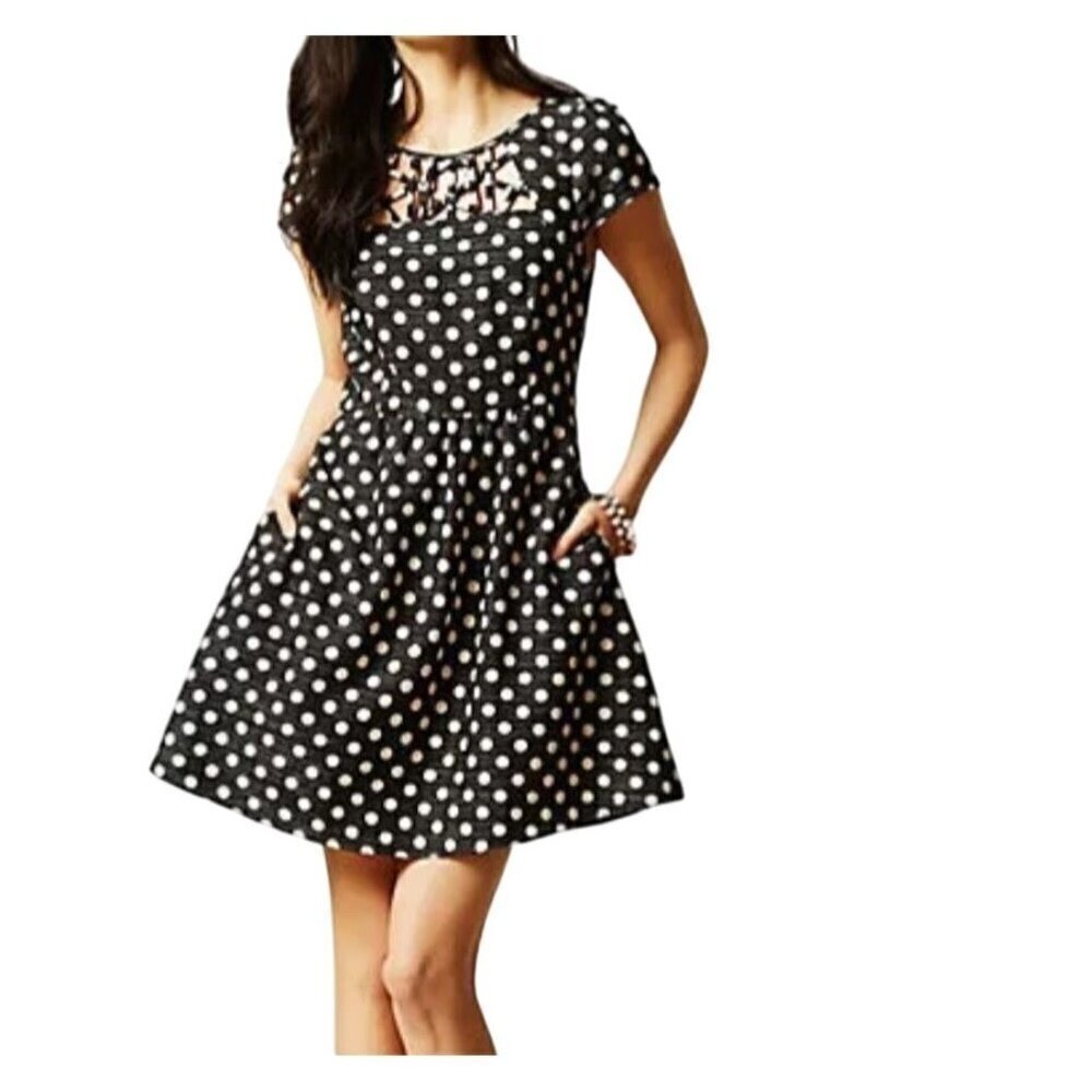 Anthropologie Maeve Polka Dot Dress 0 Black Mini Swing Pinup Retro Preppy 80s