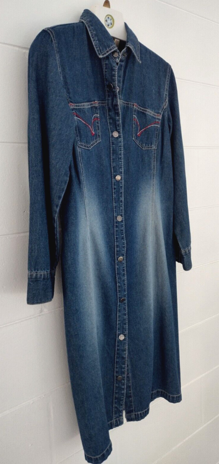 Vtg 90s Y2k Adriana Denim Jean Shirt Dress Snap Front Dark Wash Duster S Rodeo