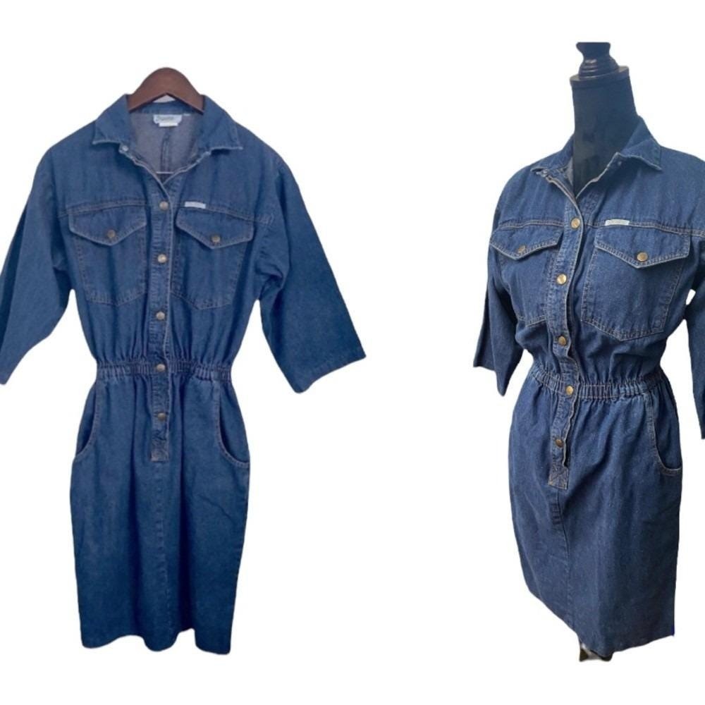 Ideas Denim Midi Dress Elastic Waist Button Front Blue Cotton Vintage