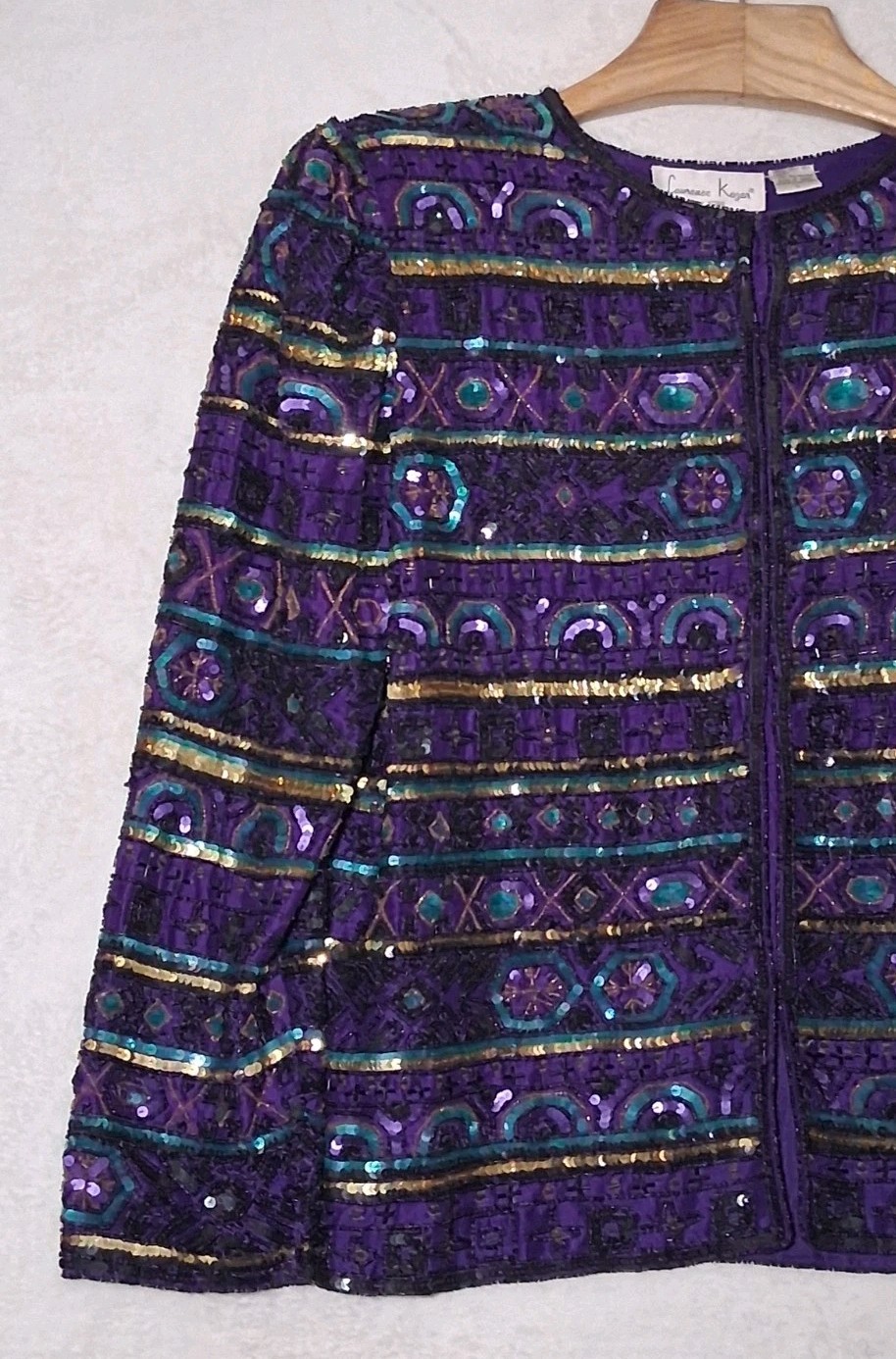 Vtg Laurence Kazar Sequin Beaded Purple Black Green Cocktail Party Jacket Large