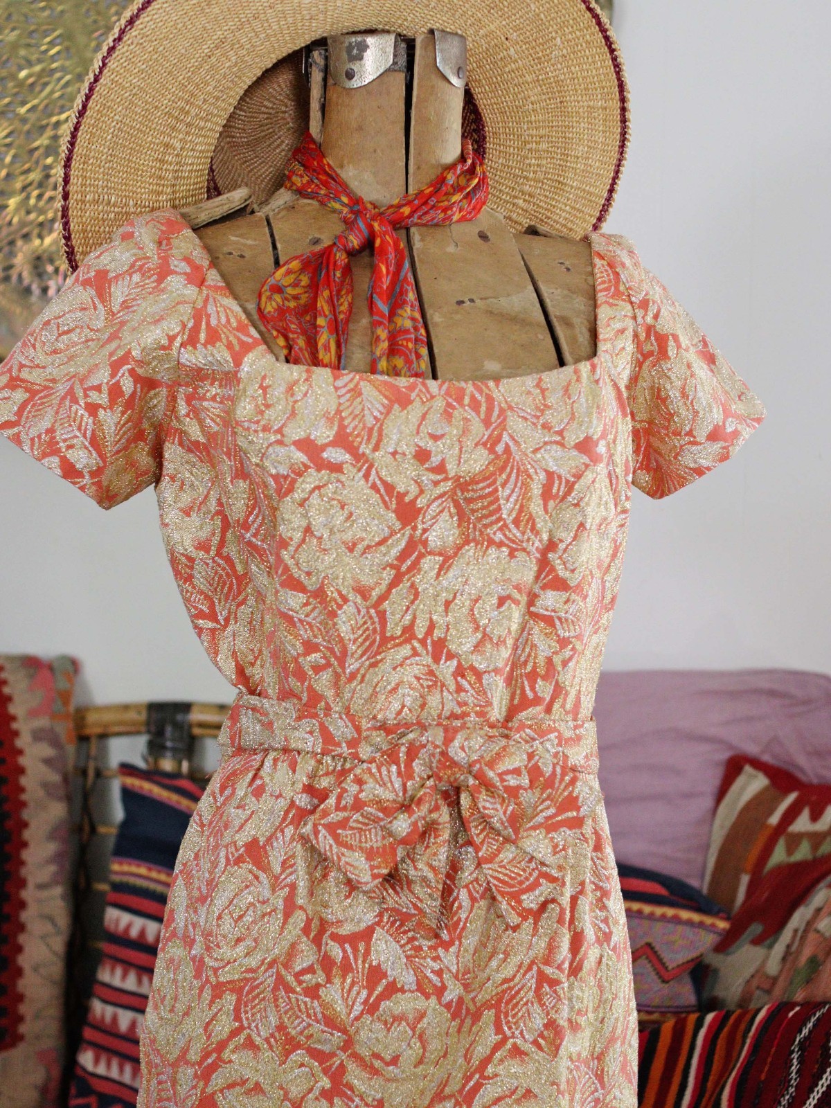 Vintage Ceil Chapman 1950s Designer Wiggle Dress Coral Pink Metallic Gold Rose