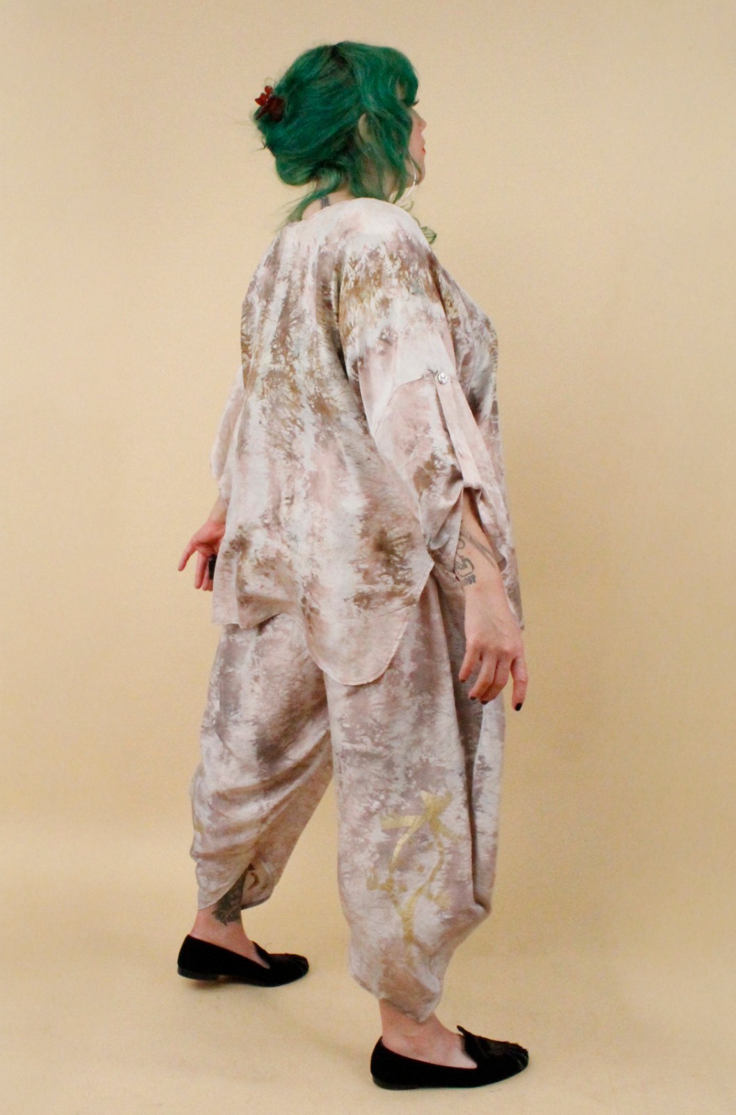 80s Vtg Silk Beige Gold Laise Adzer Langenlook Moroccan Harem Pant Suit OS