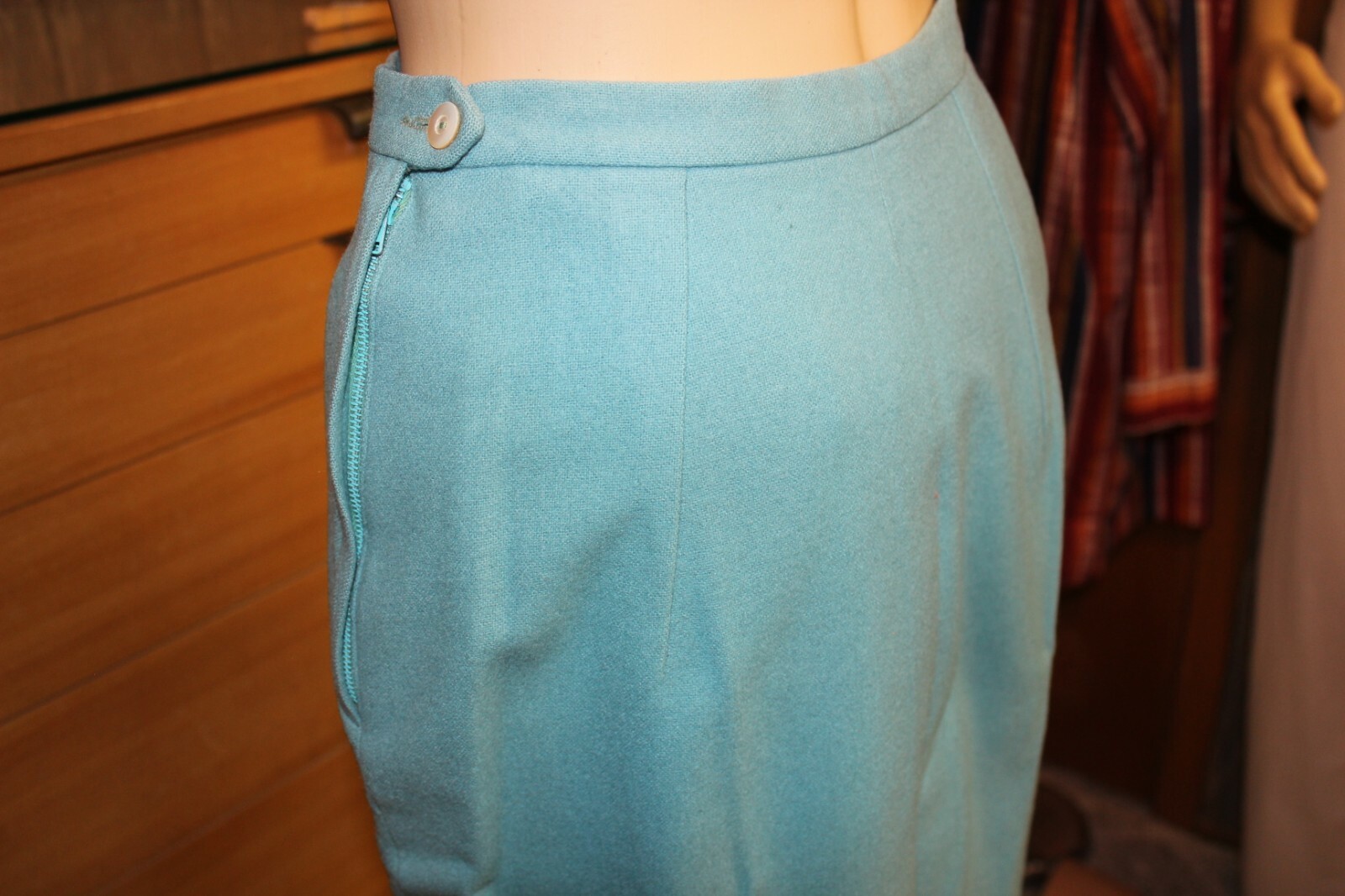 VTG 60s BLUE GREEN WOOL PENCIL WIGGLE SKIRT SPORTEMPOS CUSTOM-CONTOURED 25-26W