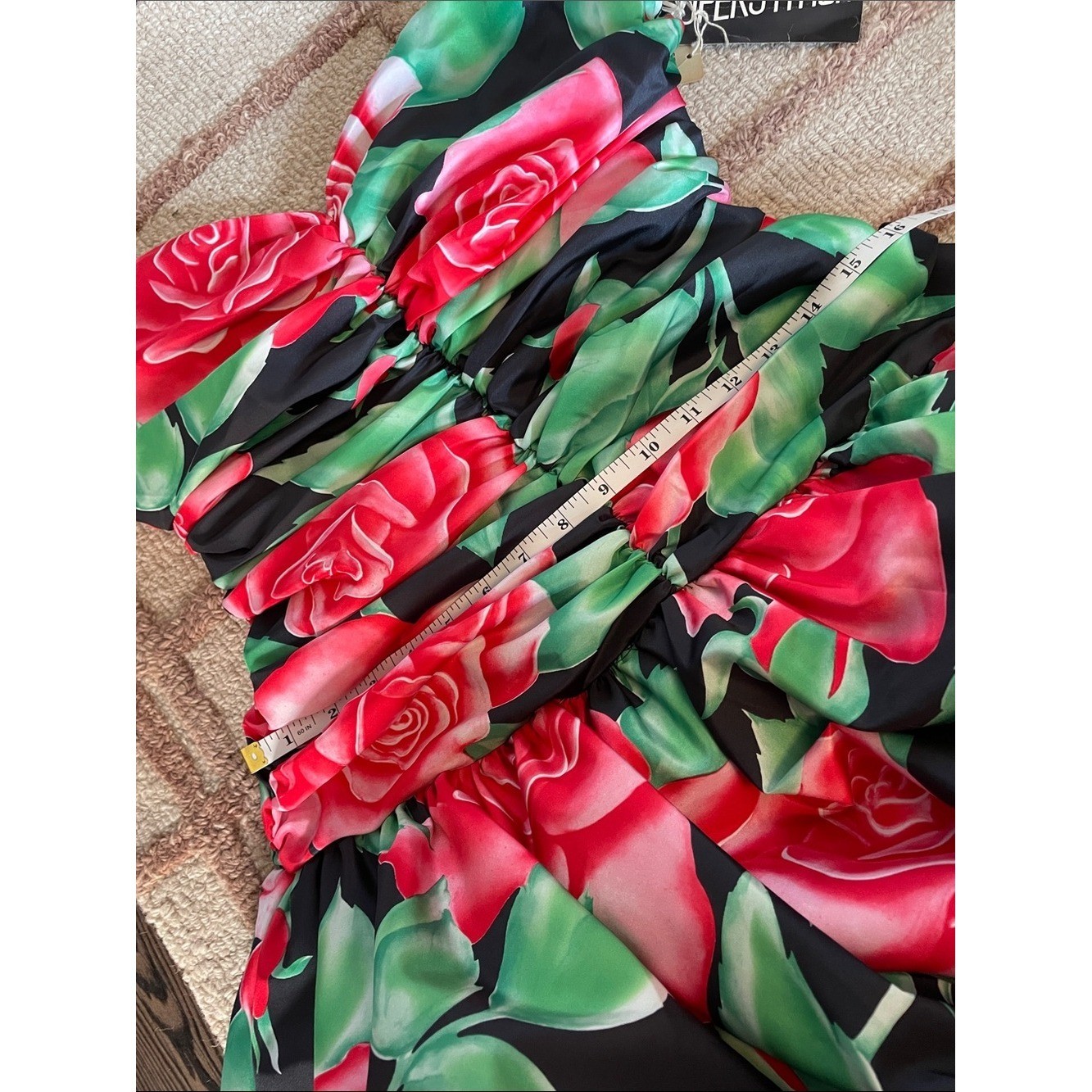 NWT Vintage 80a Superstition Strapless Rose-Print Midi Dress Red Green Black Sz8
