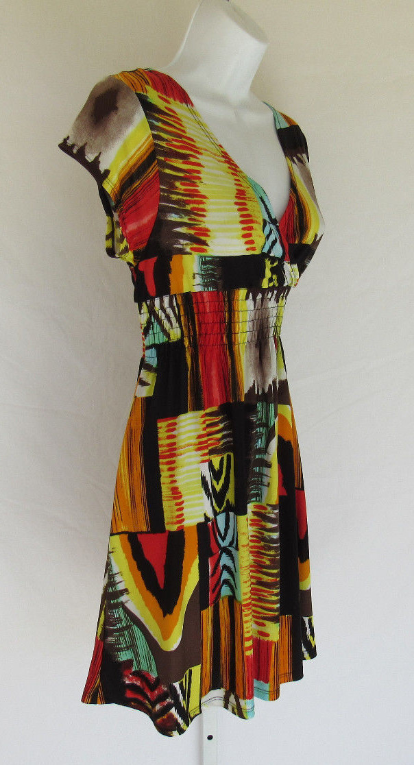 VINTAGE 1980s 90s MOD COLOR BLOCK SUN DRESS POLY SPANDEX