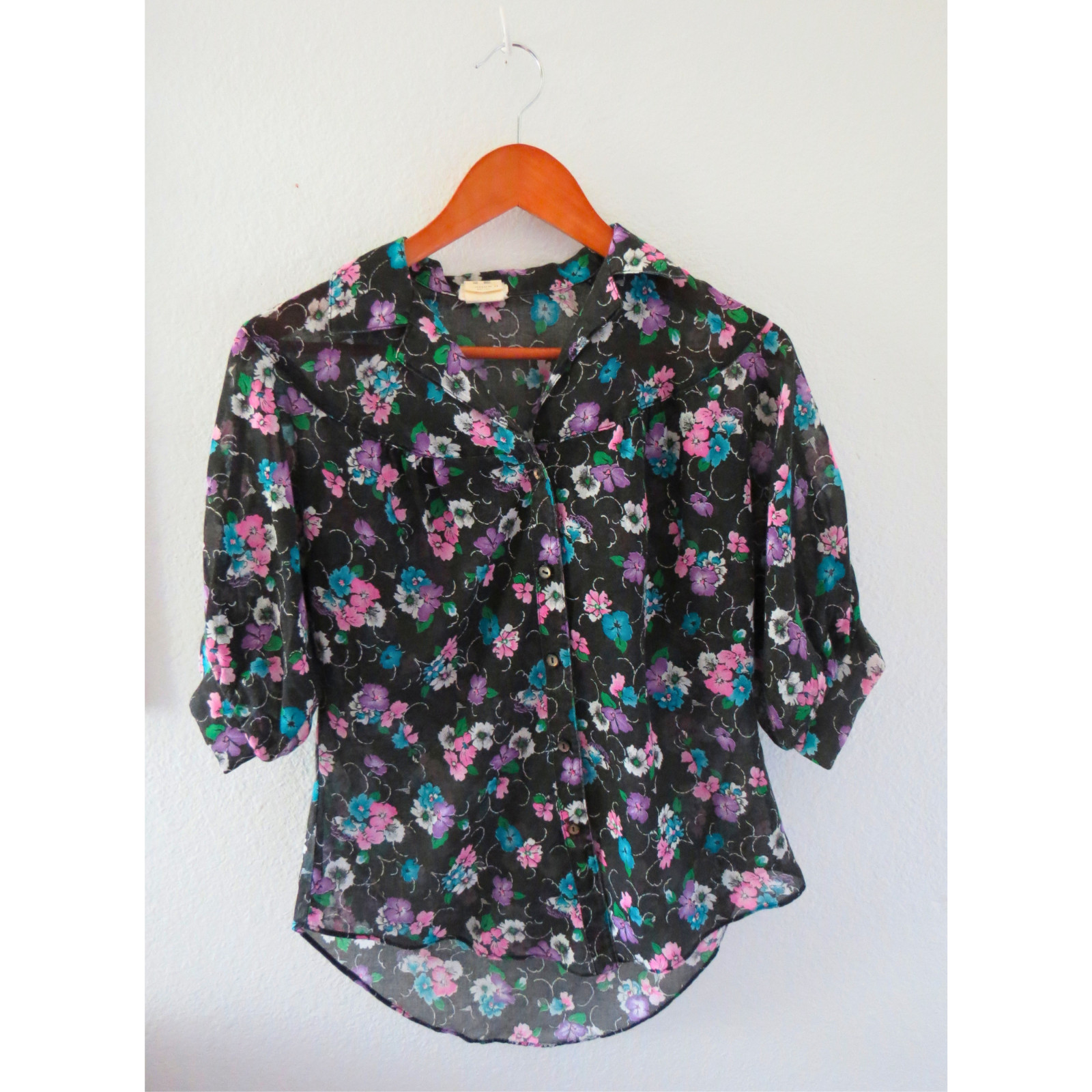 Vintage 1970s Sheer Floral Blouse – Black Button Down Shirt – 70s Boho Top