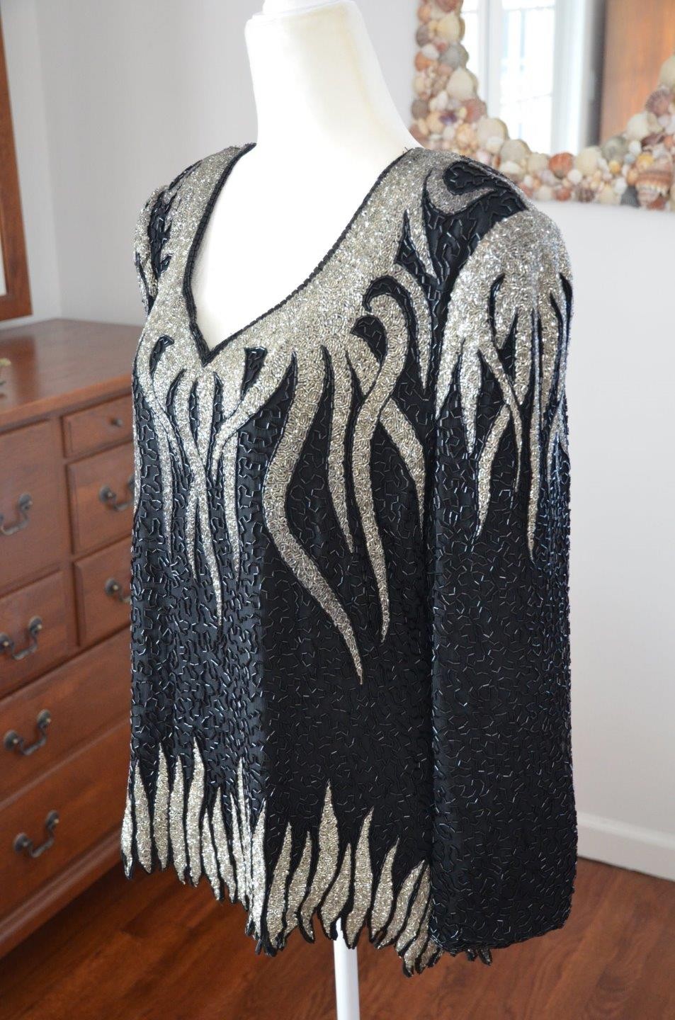 Vintage 80s 100% Silk Black & Silver Heavily Beaded Evening Top! 1X Plus Size