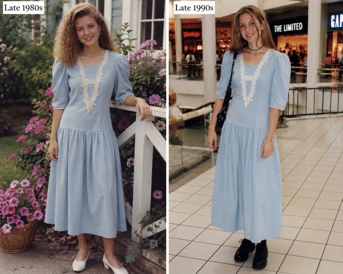 VTG You Too Babes Prairie Cottagecore Midi Dress Lace Blue USA 3 READ S-XS