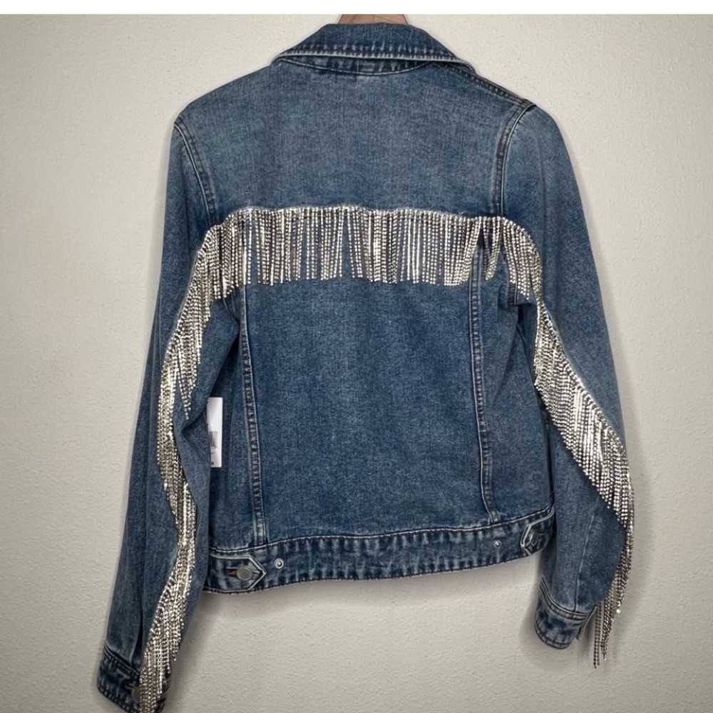 Blank NYC Rhinestone Fringe Jean Jacket, size M NWT