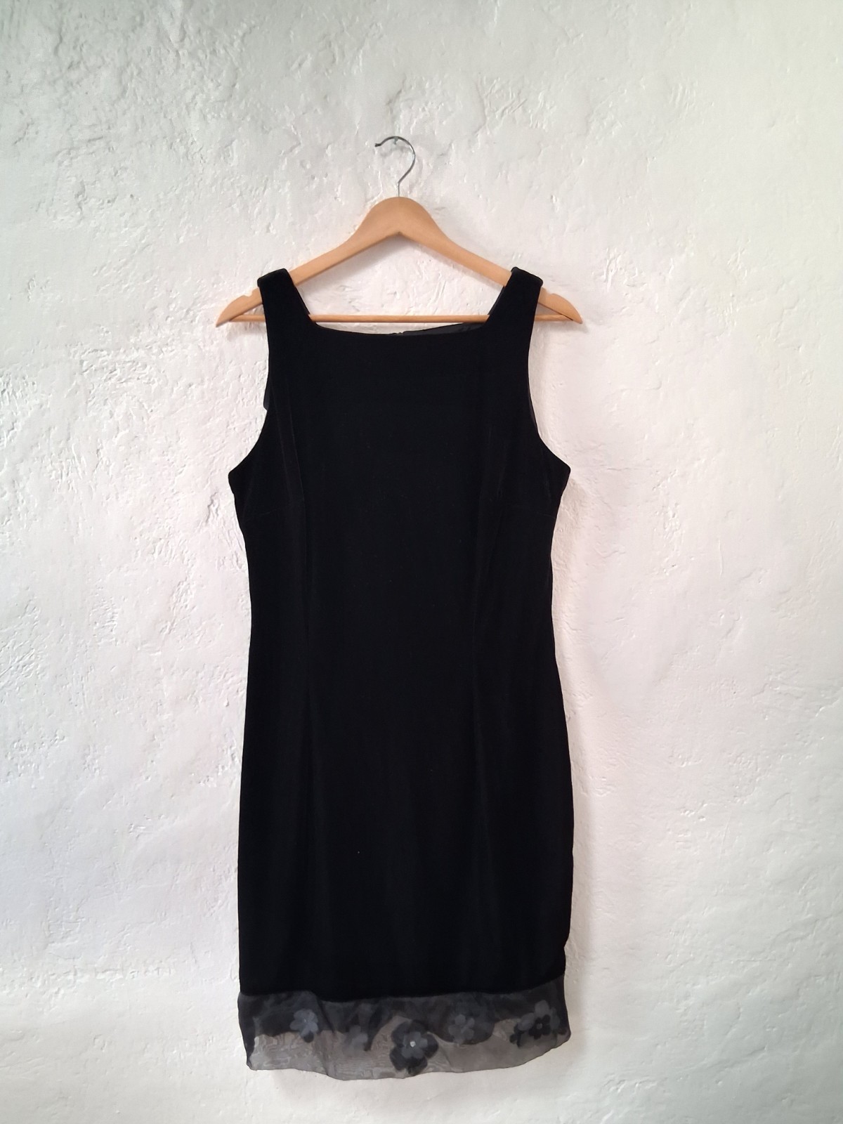 Molly Malloy Vintage 90s Black Velvet Shift Dress Sheer Rhinestone Floral Hem 10