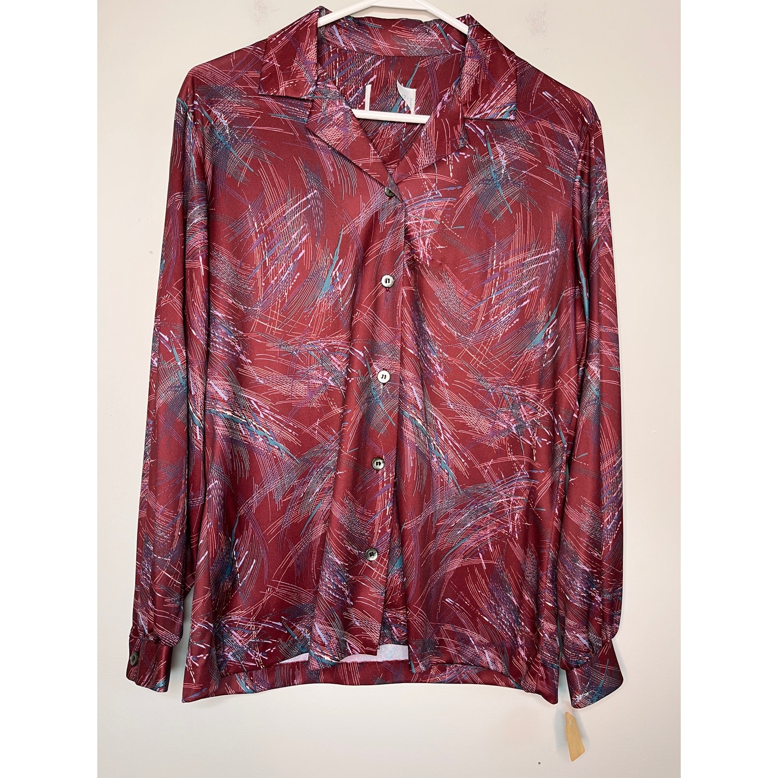 1970s Burgundy Wine Red Teal Blue Artsy Whimsigoth Disco Retro Volup Shirt XL
