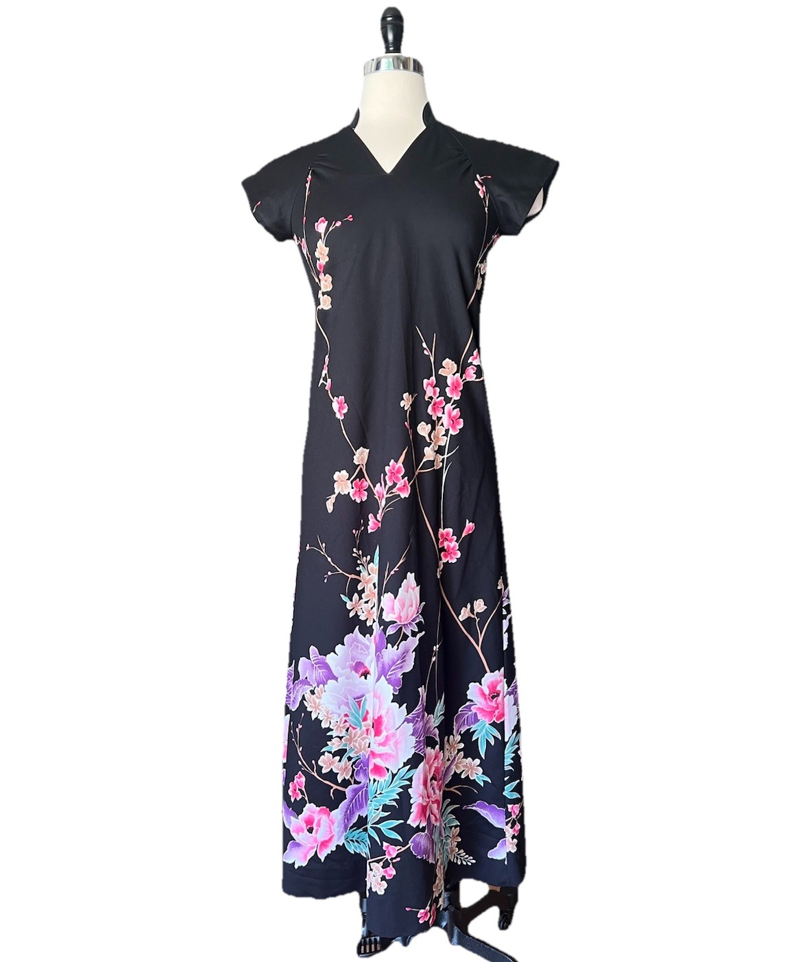 Vintage 70’s Nani Of Hawaii Maxi Dress Cheongsham Floral Boho Vacation Hula