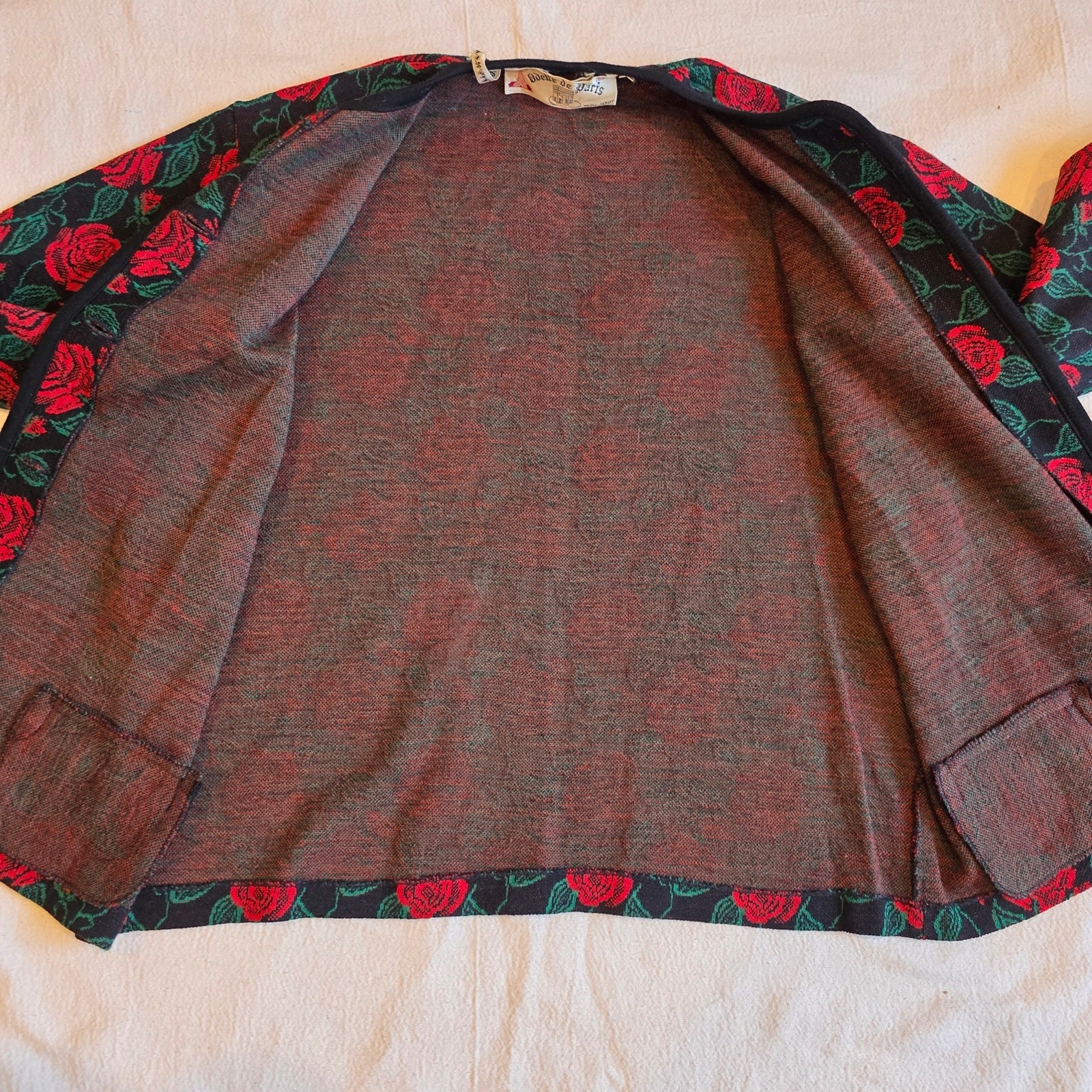 Vintage Odette de Paris Rose Print Pure Wool Knit Cardigan Jacket 17/18