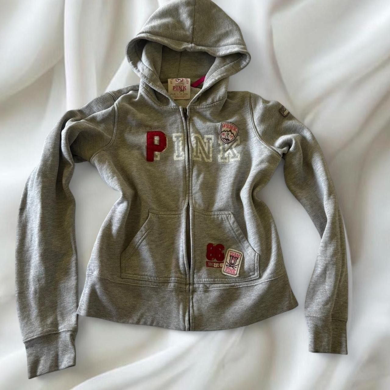 Y2K vintage 2007 Victoria’s Secret PINK grey graphic camping patch zip-up jacket