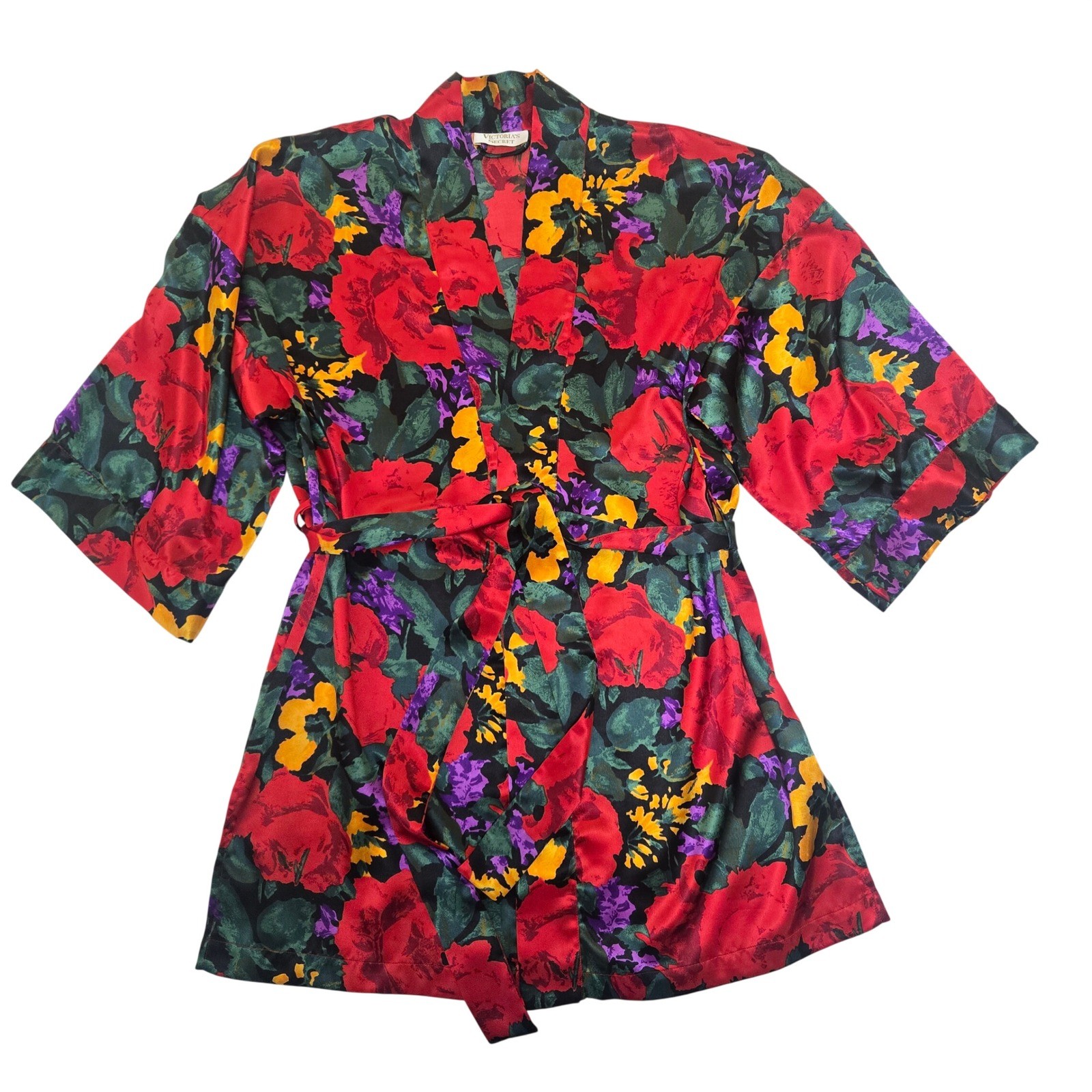 Vtg Victorias Secret Gold Label Floral Satin Robe Kimono Red M Maximalist Bold