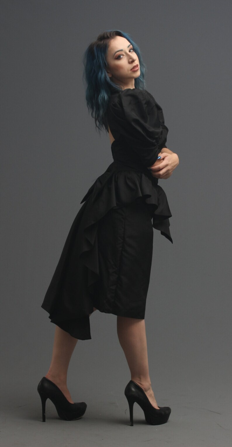 ZumZum 80s Black Avant Garde Dress Sweetheart Peplum Bustle Keyhole XS-S