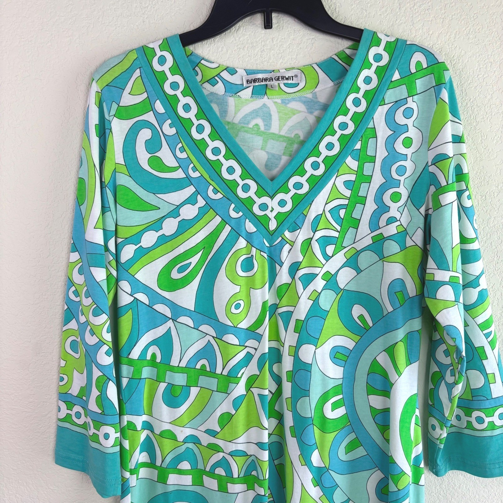 Barbara Gerwit Large Green Blue Geometric Tunic Dress V-Neck 3/4 Sleeve Mod