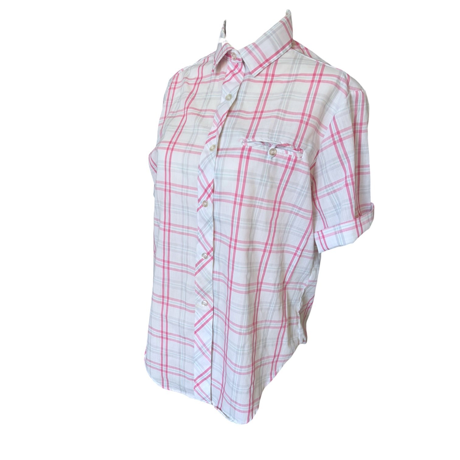 Vintage 80s Hunter’s Glen Pink White Plaid Camp Shirt Button-Up Blouse L